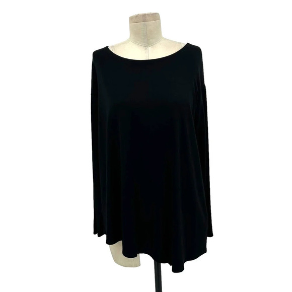Eileen Fisher Black Viscose Jersey Asymmetric Hem Tunic Top Size Large - Picture 1 of 5
